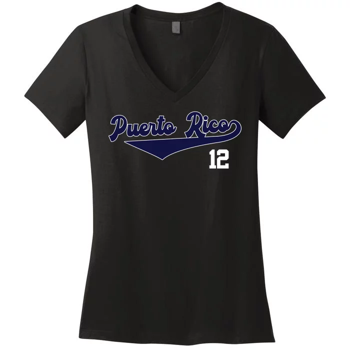 Retro Puerto Rico Beisbol Jersey Boricua Baseball 12 Women's V-Neck T-Shirt