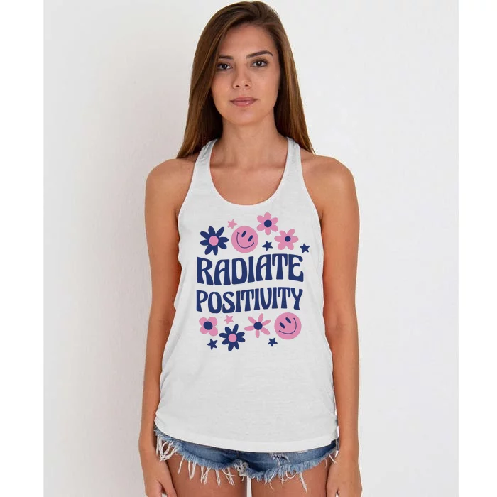 Radiate Positivity Retro Smiley Floral Quote Women's Knotted Racerback Tank