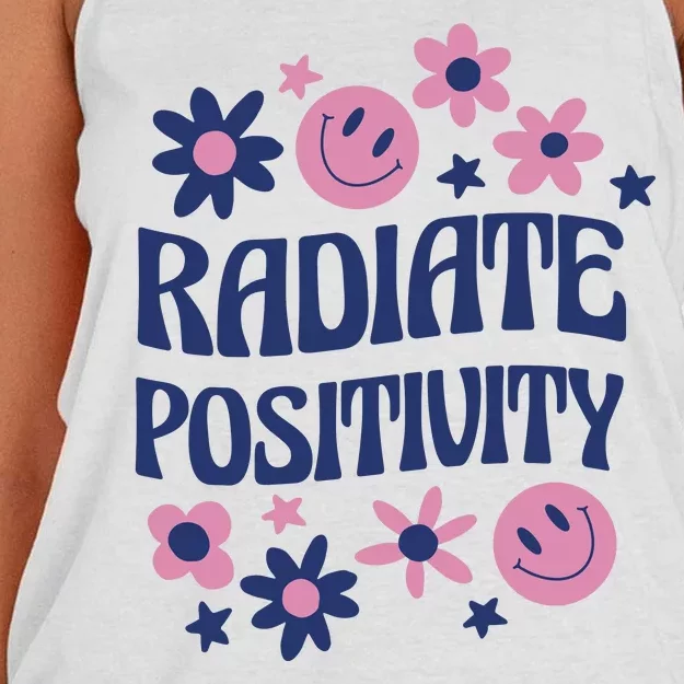 Radiate Positivity Retro Smiley Floral Quote Women's Knotted Racerback Tank