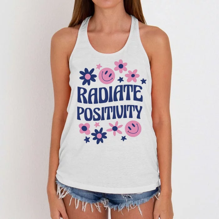 Radiate Positivity Retro Smiley Floral Quote Women's Knotted Racerback Tank