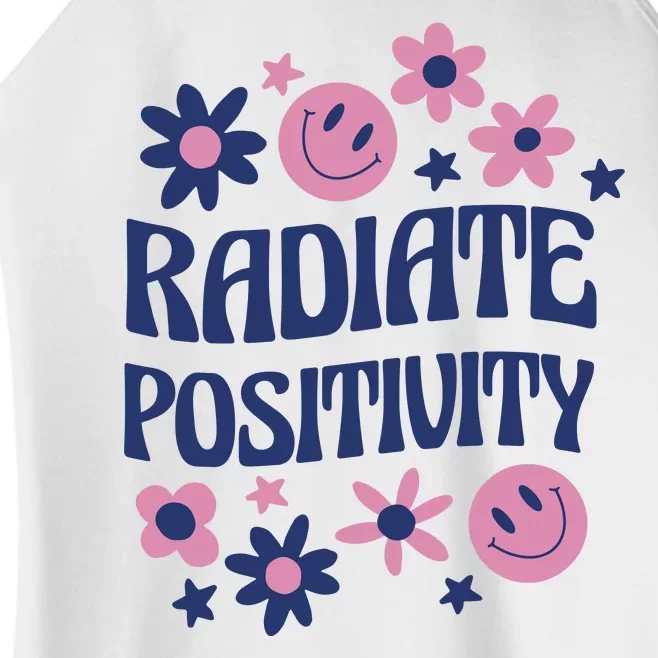 Radiate Positivity Retro Smiley Floral Quote Women’s Perfect Tri Rocker Tank