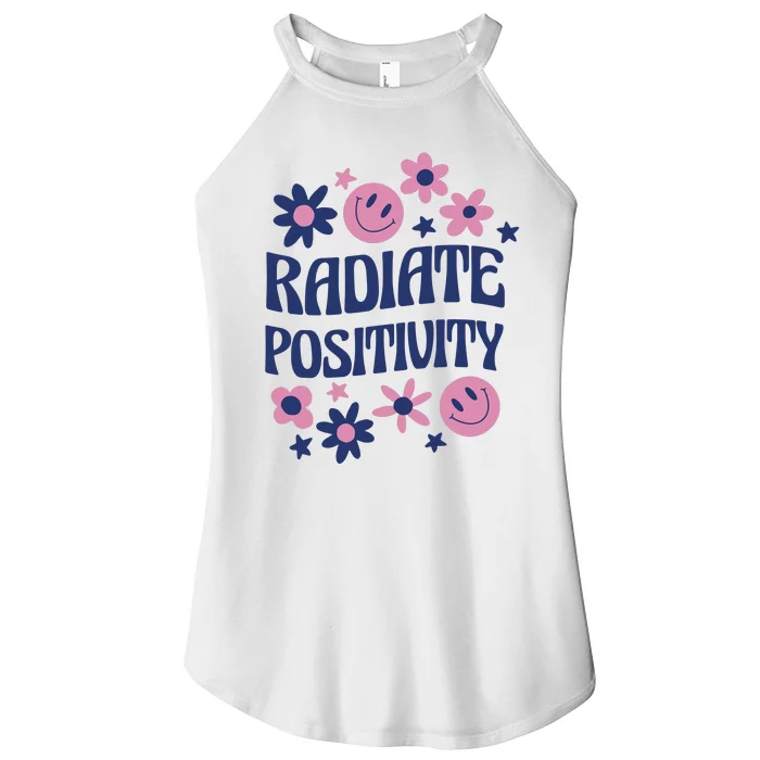 Radiate Positivity Retro Smiley Floral Quote Women’s Perfect Tri Rocker Tank