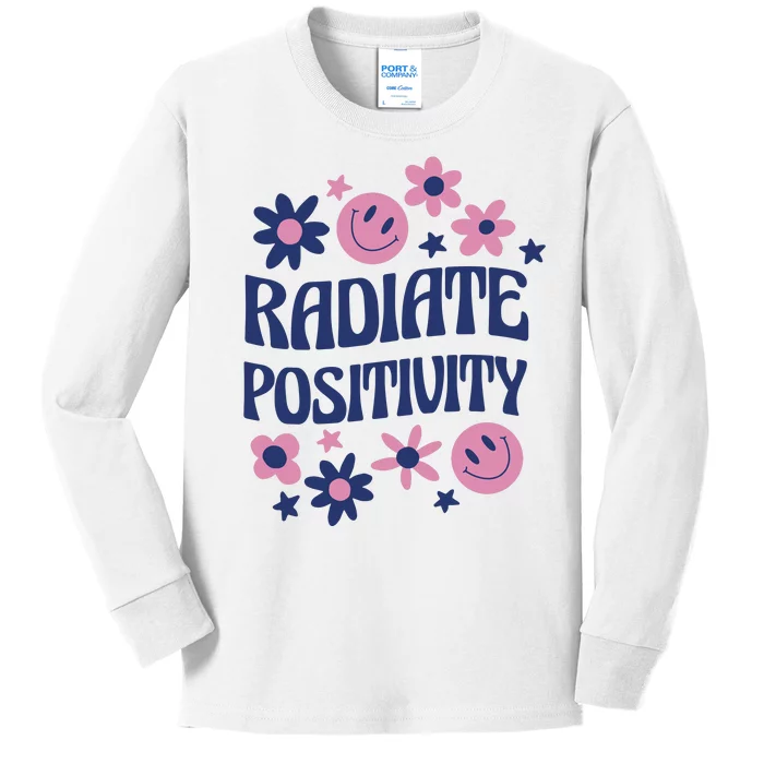 Radiate Positivity Retro Smiley Floral Quote Kids Long Sleeve Shirt