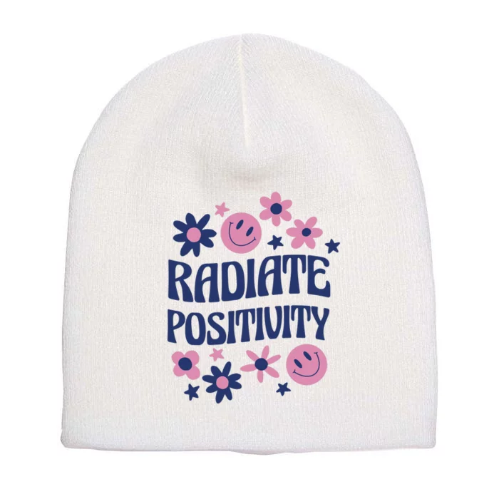 Radiate Positivity Retro Smiley Floral Quote Short Acrylic Beanie