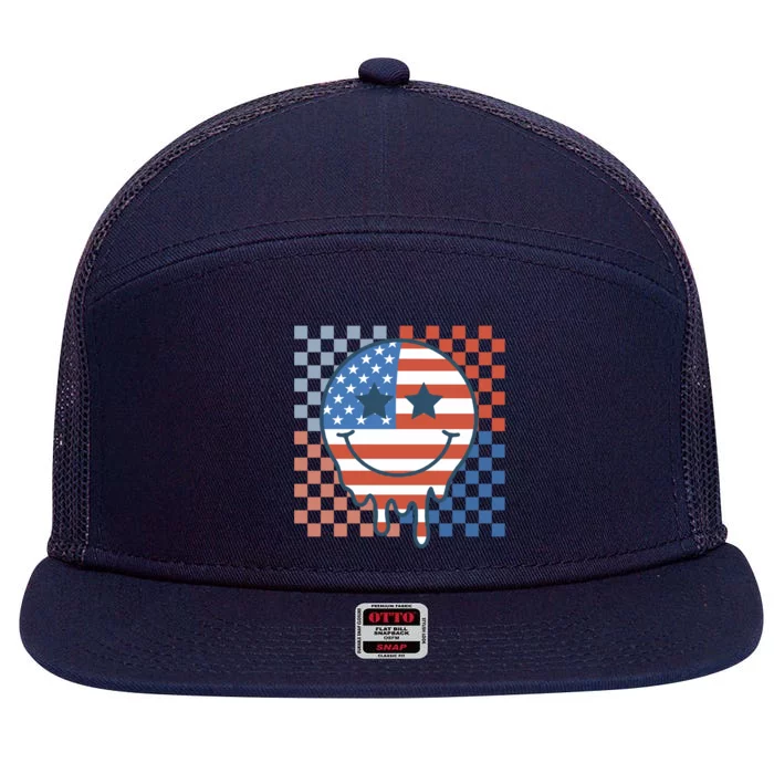 Retro Patriotic Smile Face America Flag Groovy 4th Of July Great Gift 7 Panel Mesh Trucker Snapback Hat