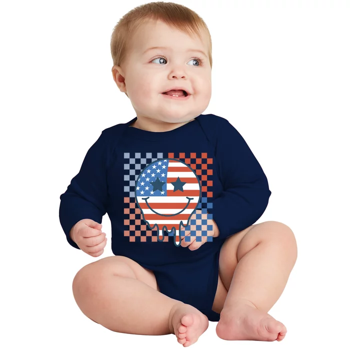 Retro Patriotic Smile Face America Flag Groovy 4th Of July Great Gift Baby Long Sleeve Bodysuit