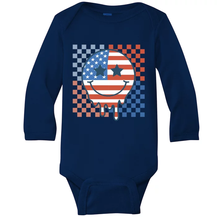 Retro Patriotic Smile Face America Flag Groovy 4th Of July Great Gift Baby Long Sleeve Bodysuit