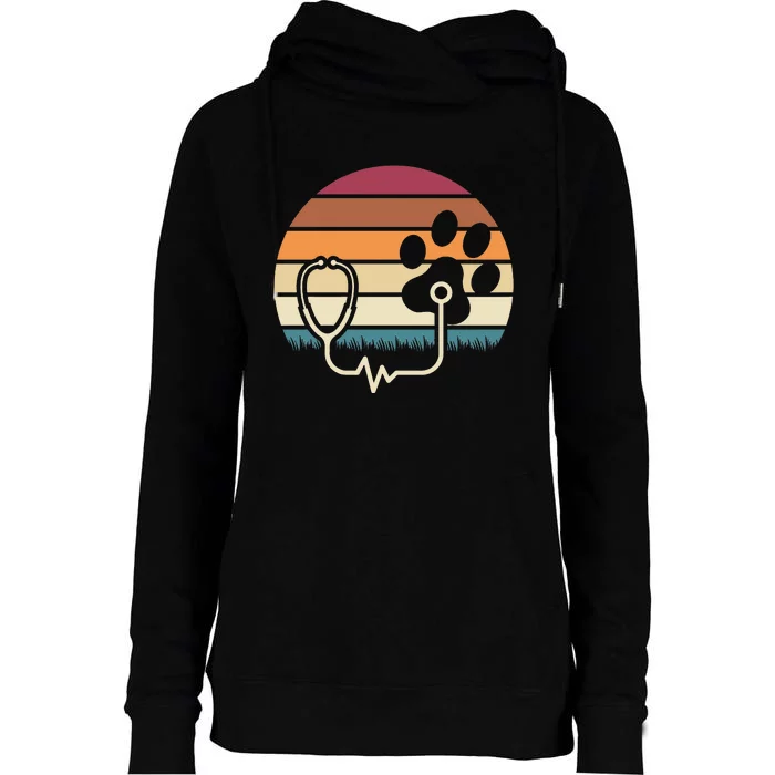 Retro Paw Stethoscope Vet Tech Funny Veterinary Technician Womens Funnel Neck Pullover Hood