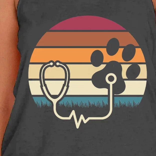 Retro Paw Stethoscope Vet Tech Funny Veterinary Technician Women's Knotted Racerback Tank