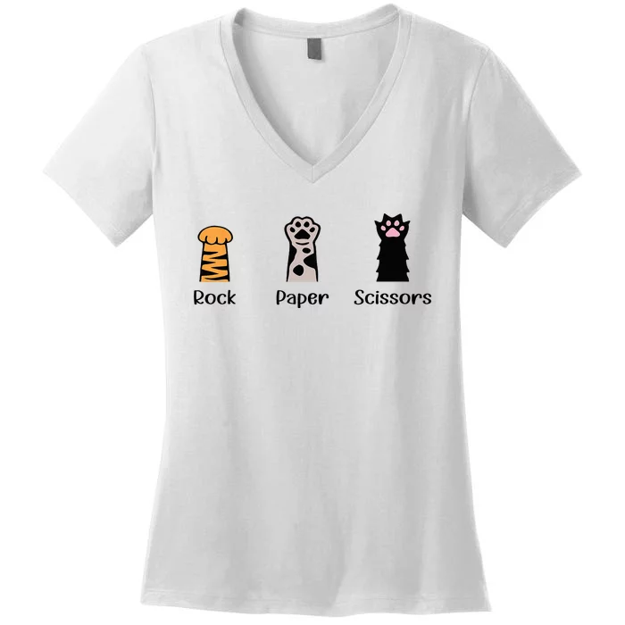 Rock Paper Scissors Cute Paws Hand Game Pet Lover Funny Cat Women's V-Neck T-Shirt