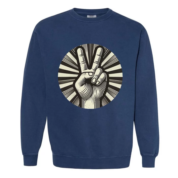 Retro Peace Sign V Fingers Vintage Graphic Design Garment-Dyed Sweatshirt