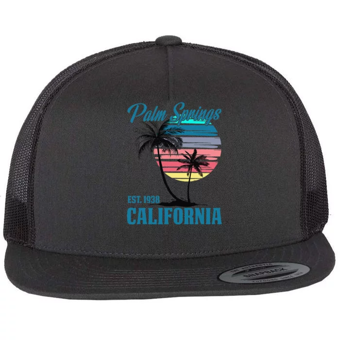 Retro Palm Springs California Beach Vibes Summer Vacation Flat Bill Trucker Hat