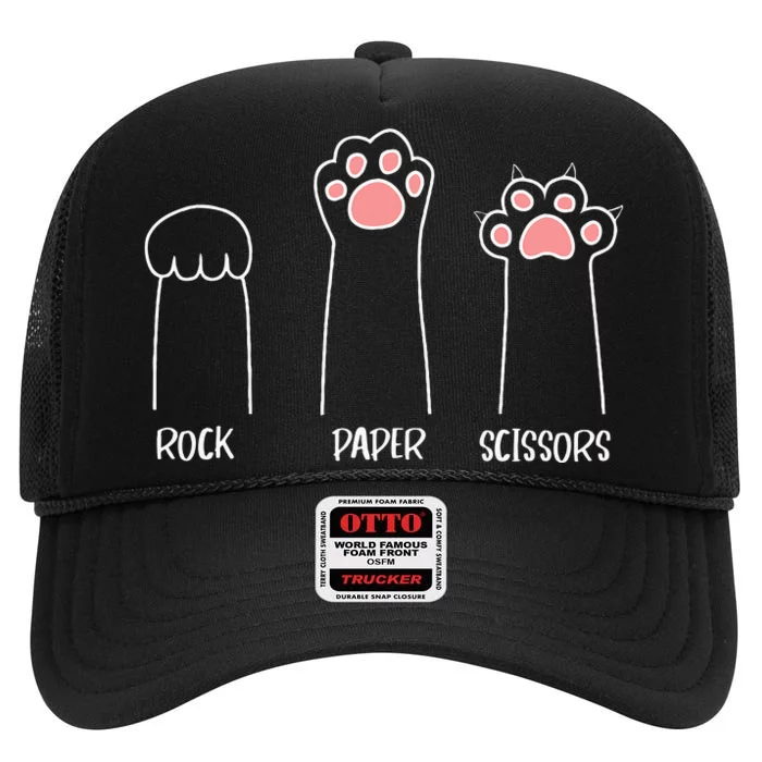 Rock Paper Scissors Hand Game Cute Paw Funny Cat High Crown Mesh Trucker Hat