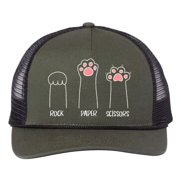 Rock Paper Scissors Hand Game Cute Paw Funny Cat Retro Rope Trucker Hat Cap