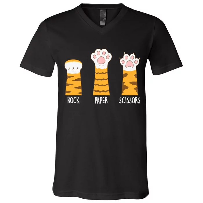 Rock Paper Scissors Hand Game Funny Cute Paw Cat Lovers V-Neck T-Shirt