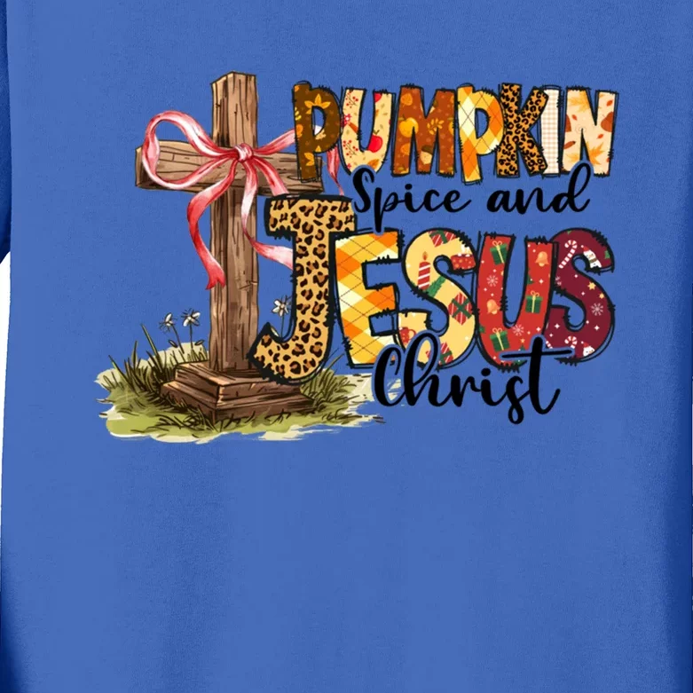 Retro Pumpkin Spice And Jesus Christ Autumn Cross Christian Funny Gift Kids Long Sleeve Shirt