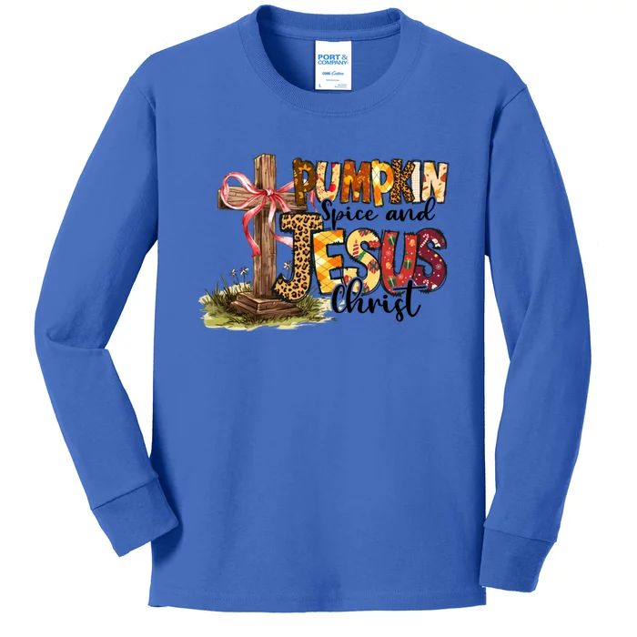 Retro Pumpkin Spice And Jesus Christ Autumn Cross Christian Funny Gift Kids Long Sleeve Shirt