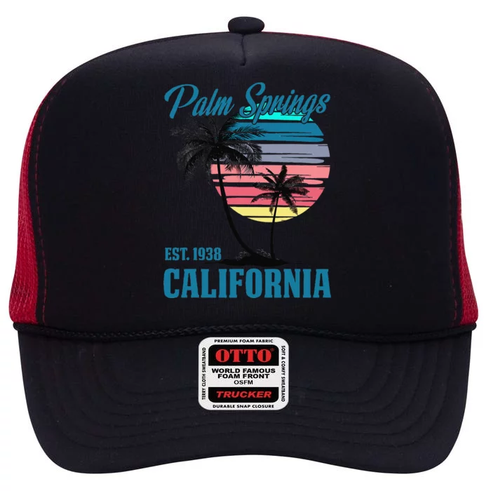 Retro Palm Springs California Beach Vibes Summer Vacation High Crown Mesh Trucker Hat