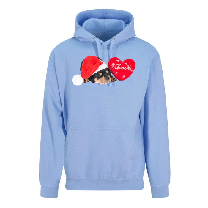 Rottweiler Puppy Santa Image Christmas Red Heart I Love You Gift Unisex Surf Hoodie