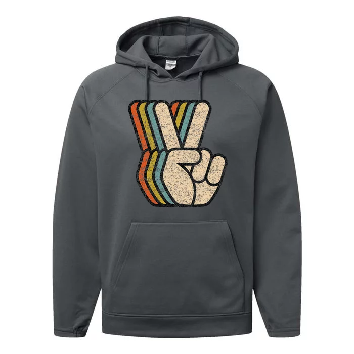 Retro Peace Sign V Fingers Vintage 60s 70s 80s Cool Performance Fleece Hoodie