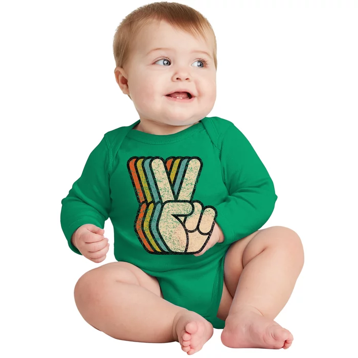 Retro Peace Sign V Fingers Vintage 60s 70s 80s Cool Baby Long Sleeve Bodysuit