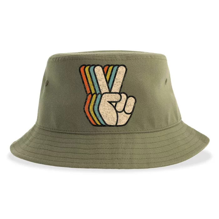 Retro Peace Sign V Fingers Vintage 60s 70s 80s Cool Sustainable Bucket Hat