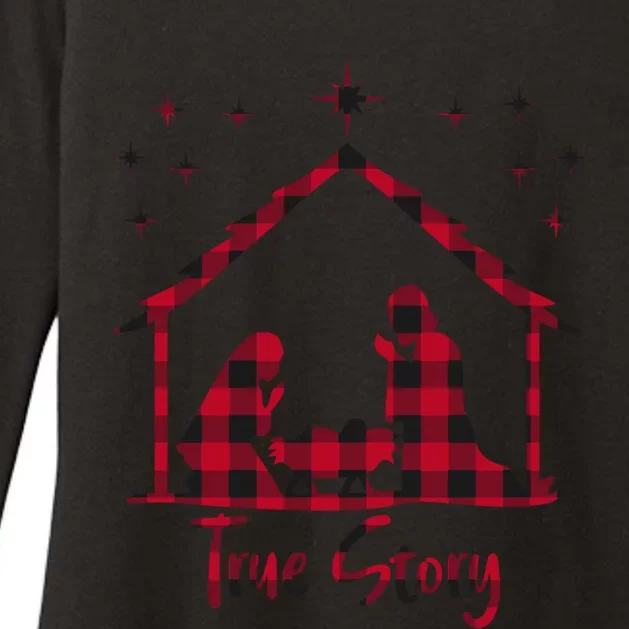 Red Plaid True Story Of Jesus Birth Christmas Nativity Gift Womens CVC Long Sleeve Shirt