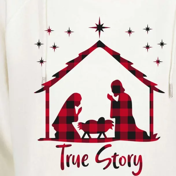 Red Plaid True Story Of Jesus Birth Christmas Nativity Gift Womens Funnel Neck Pullover Hood