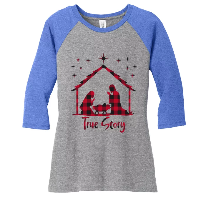 Red Plaid True Story Of Jesus Birth Christmas Nativity Gift Women's Tri-Blend 3/4-Sleeve Raglan Shirt