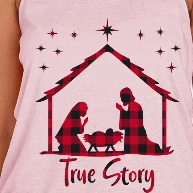 Red Plaid True Story Of Jesus Birth Christmas Nativity Gift Women's Knotted Racerback Tank