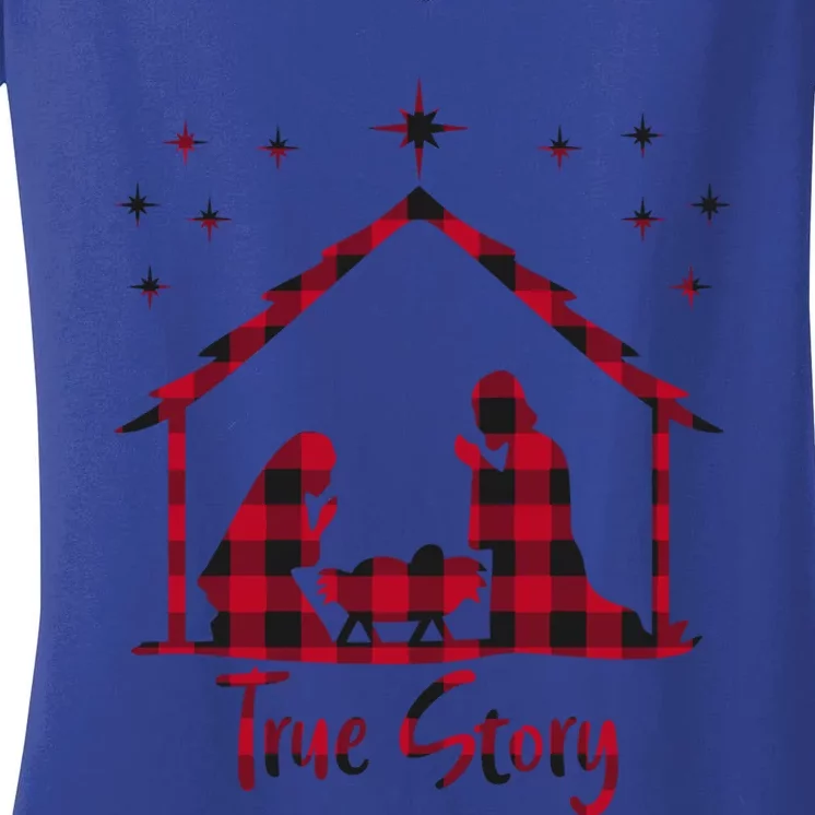 Red Plaid True Story Of Jesus Birth Christmas Nativity Gift Women's V-Neck T-Shirt