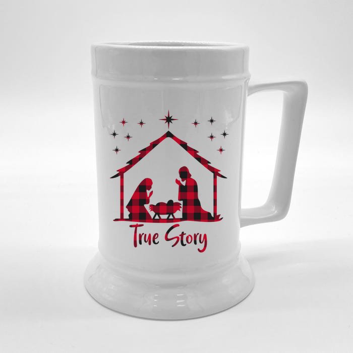 Red Plaid True Story Of Jesus Birth Christmas Nativity Gift Front & Back Beer Stein