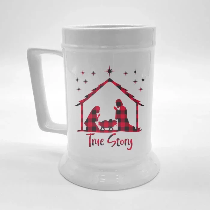 Red Plaid True Story Of Jesus Birth Christmas Nativity Gift Front & Back Beer Stein