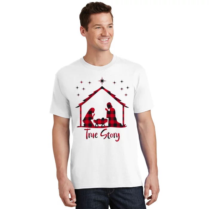 Red Plaid True Story of Jesus Birth Christmas Nativity T-Shirt