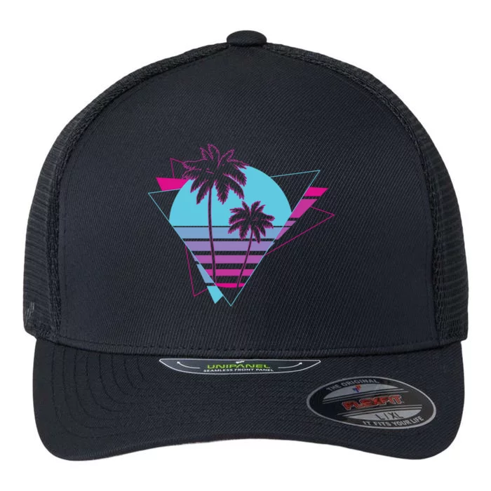 Retro Palm Tree Tropical Sunset Flexfit Unipanel Trucker Cap