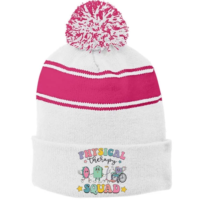 Retro Physical Therapy PT Squad Pediatric Physical Therapist Stripe Pom Pom Beanie