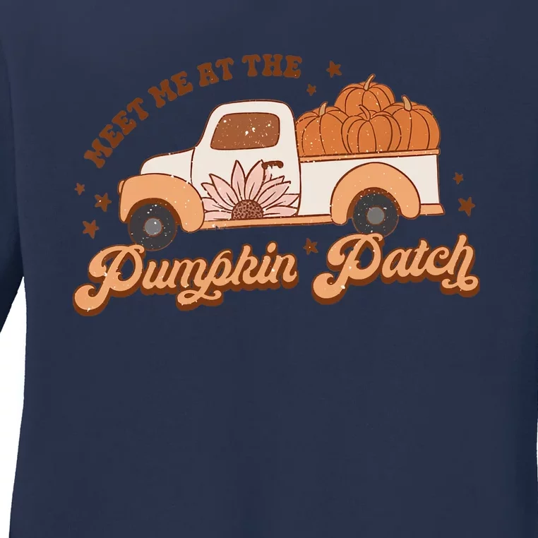 Retro Pumpkin Truck Meet Me At Pumpkin Patch Fall Halloween Ladies Long Sleeve Shirt