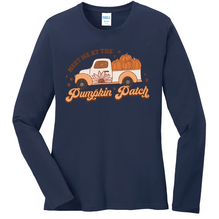 Retro Pumpkin Truck Meet Me At Pumpkin Patch Fall Halloween Ladies Long Sleeve Shirt