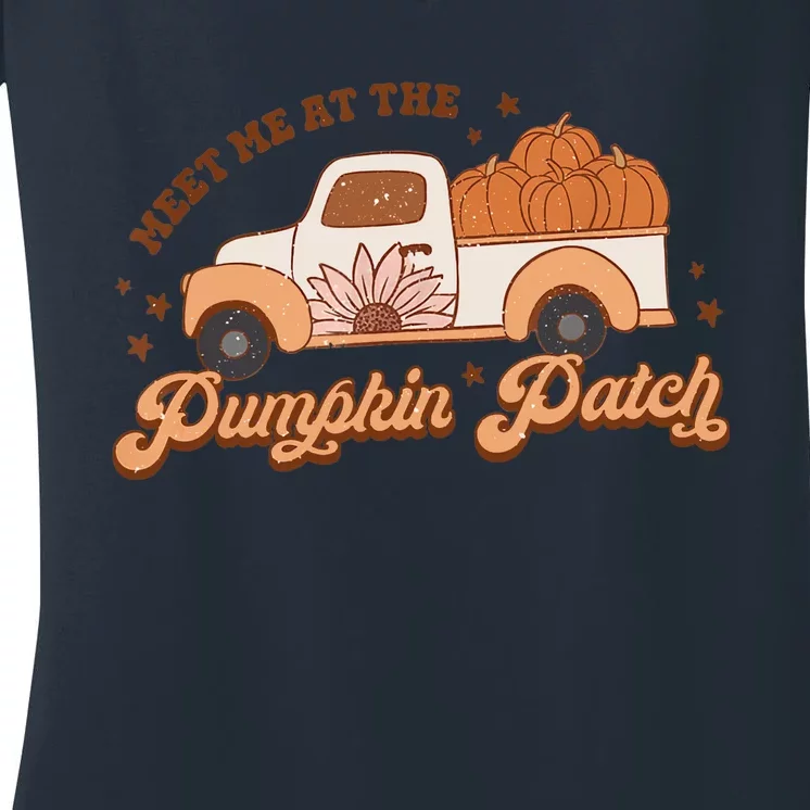 Retro Pumpkin Truck Meet Me At Pumpkin Patch Fall Halloween Women's V-Neck T-Shirt