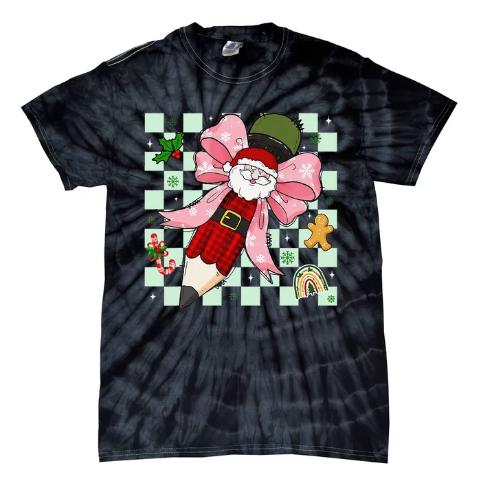 Retro Pencil Teacher Christmas Santa Coquette Bow Cookies Tie-Dye T-Shirt