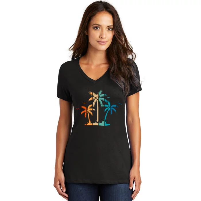 Retro Palm Tree Lover Theme Women's V-Neck T-Shirt