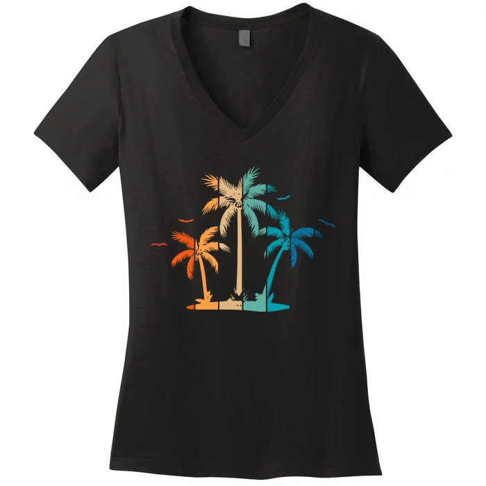 Retro Palm Tree Lover Theme Women's V-Neck T-Shirt