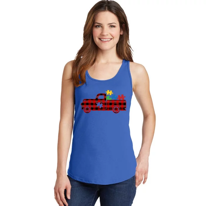 Red Plaid Truck Pickup Autism Puzzle Pieces Autism Awareness Meaningful Gift Ladies Essential Tank