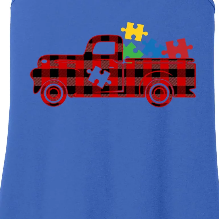 Red Plaid Truck Pickup Autism Puzzle Pieces Autism Awareness Meaningful Gift Ladies Essential Tank