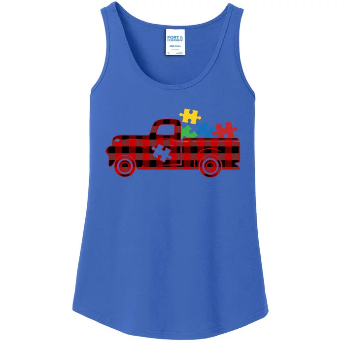 Red Plaid Truck Pickup Autism Puzzle Pieces Autism Awareness Meaningful Gift Ladies Essential Tank