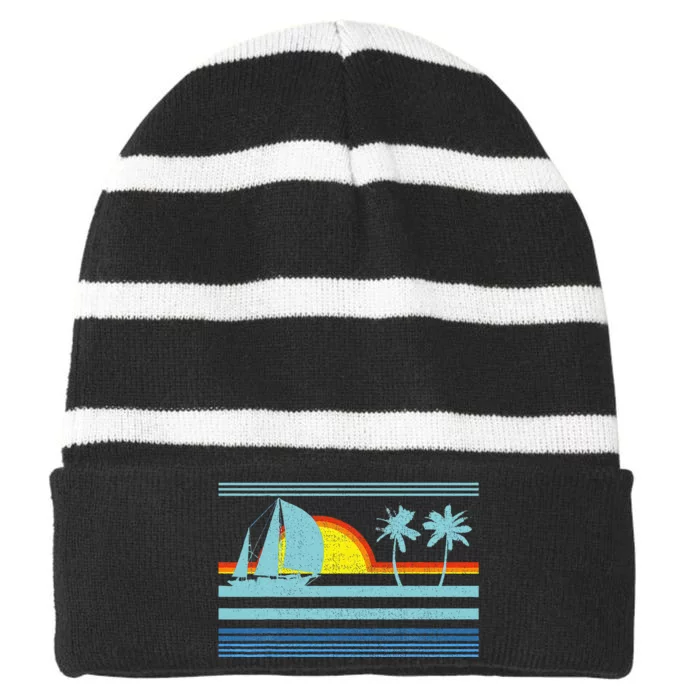 Retro Palm Tree Tropical Beach Vintage Style 70s 80s Striped Beanie with Solid Band