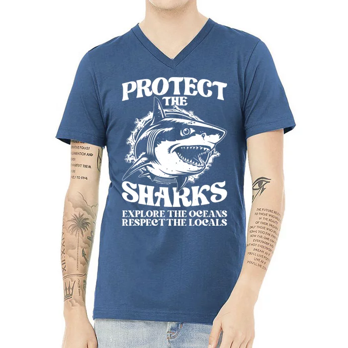 Retro Protect The Sharks Explore The Oceans Respect The Locals Shark Week Lover V-Neck T-Shirt