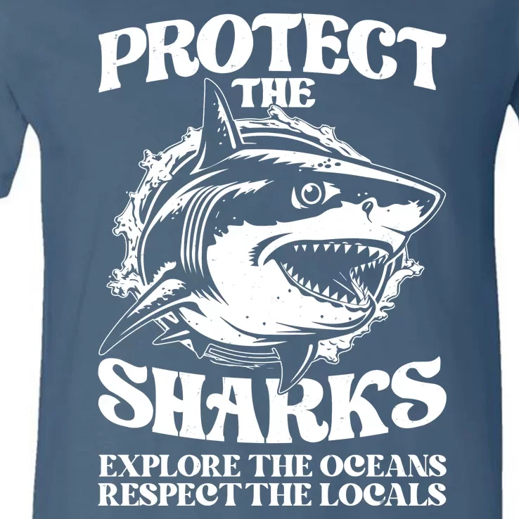 Retro Protect The Sharks Explore The Oceans Respect The Locals Shark Week Lover V-Neck T-Shirt