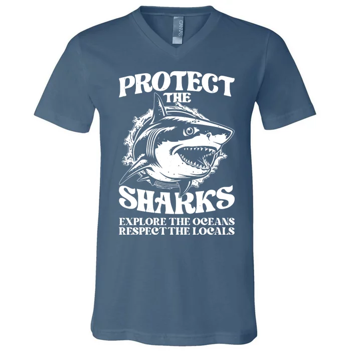 Retro Protect The Sharks Explore The Oceans Respect The Locals Shark Week Lover V-Neck T-Shirt