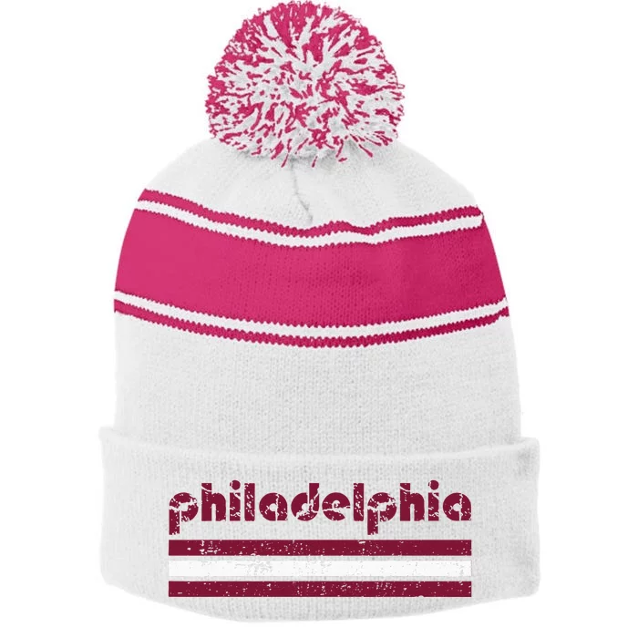 Retro Philadelphia Three 3 Stripes Vintage Weathered Stripe Pom Pom Beanie